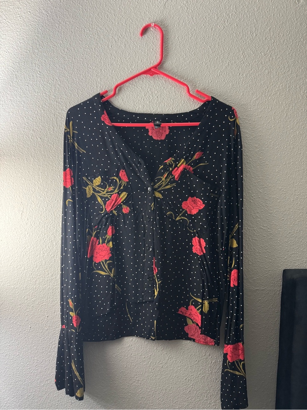 Volcom Black Blouse with Pink Floral & White Dots